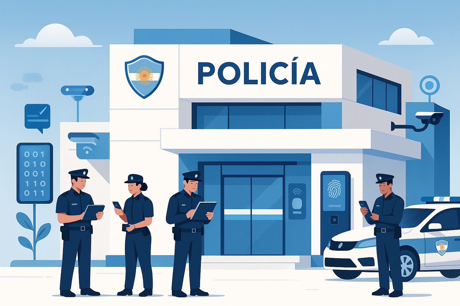 Comisaría argentina moderna con oficiales usando tecnología digital, representando la transformación hacia la seguridad inteligente